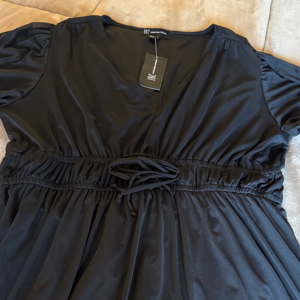 INC International Concepts Black V-Neck Drawstring Midi Dress with Sheer Sleeves